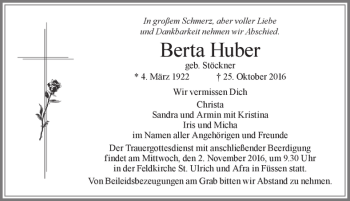 Traueranzeige von Berta Huber von Allgäuer Zeitung, Füssen