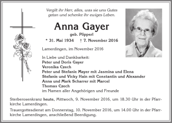 Traueranzeige von Anna Gayer von Allgäuer Zeitung, Kaufbeuren/Buchloe