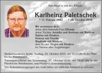 Traueranzeige von Karlheinz Paletschek von Allgäuer Zeitung, Kaufbeuren/Buchloe