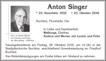 Traueranzeige von Anton Singer von Allgäuer Zeitung, Kaufbeuren/Buchloe