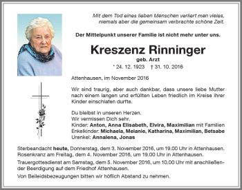 Traueranzeige von Kreszenz Rinninger von Memminger Zeitung