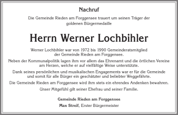 Traueranzeige von Werner Lochbihler von Allgäuer Zeitung, Füssen