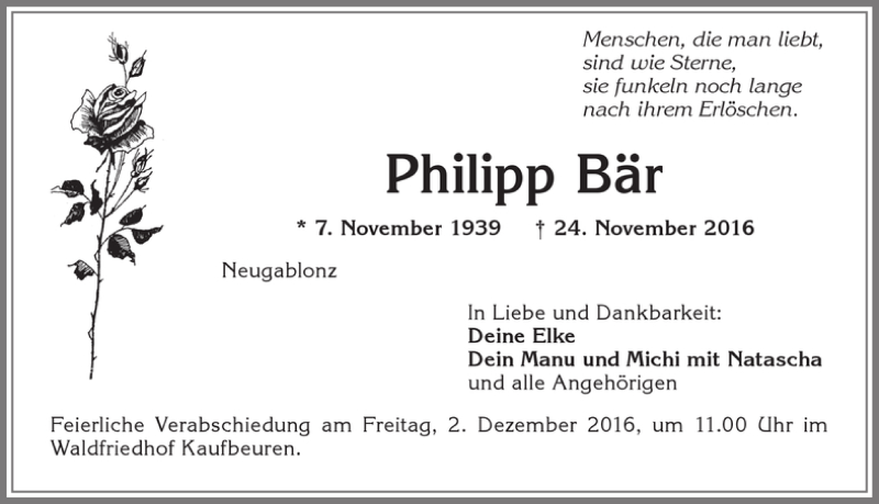  Traueranzeige für Philipp Bär vom 29.11.2016 aus Allgäuer Zeitung, Kaufbeuren/Buchloe