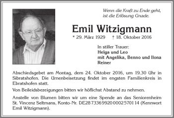 Traueranzeige von Emil Witzigmann von Allgäuer Zeitung