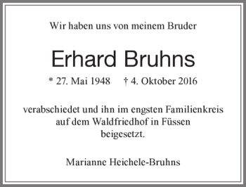 Traueranzeige von Erhard Bruhns von Allgäuer Zeitung