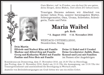 Traueranzeige von Maria Waibel von Allgäuer Anzeigeblatt
