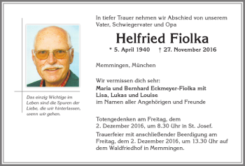 Traueranzeige von Helfried Fiolka von Memminger Zeitung