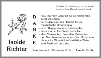 Traueranzeige von Isolde Richter von Allgäuer Zeitung, Kaufbeuren/Buchloe