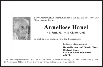 Traueranzeige von Anneliese Hanel von Allgäuer Anzeigeblatt