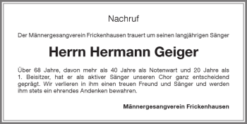Traueranzeige von Hermann Geiger von Memminger Zeitung