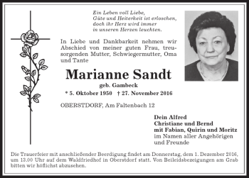 Traueranzeige von Marianne Sandt von Allgäuer Anzeigeblatt