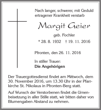 Traueranzeige von Margit Geier von Allgäuer Zeitung, Füssen