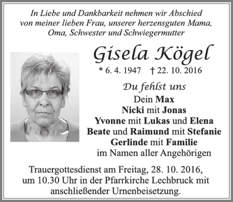  Traueranzeige für Gisela Kögel vom 26.10.2016 aus Allgäuer Zeitung, Füssen
