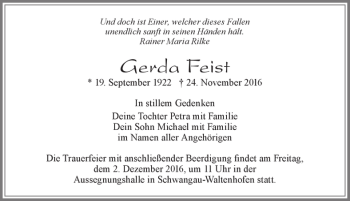 Traueranzeige von Gerda Feist von Allgäuer Zeitung, Füssen