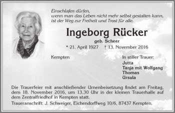 Traueranzeige von Ingeborg Rücker von Allgäuer Zeitung,Kempten