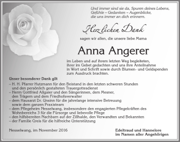 Traueranzeige von Anna Angerer von Allgäuer Zeitung, Füssen