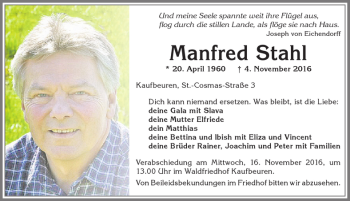 Traueranzeige von Manfred Stahl von Allgäuer Zeitung, Kaufbeuren/Buchloe