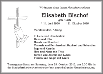 Traueranzeige von Elisabeth Bischof von Allgäuer Zeitung, Marktoberdorf