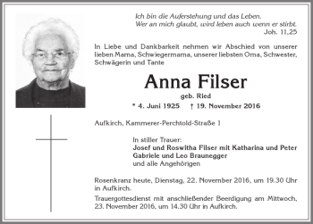 Traueranzeige von Anna Filser von Allgäuer Zeitung, Kaufbeuren/Buchloe