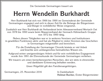 Traueranzeige von Wendelin Burkhardt von Allgäuer Zeitung, Kaufbeuren/Buchloe