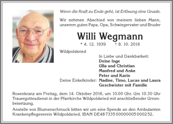 Traueranzeige von Willi Wegmann von Allgäuer Zeitung,Kempten