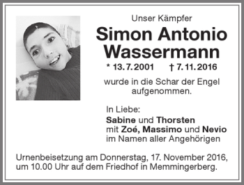 Traueranzeige von Simon Antonio Wassermann von Memminger Zeitung