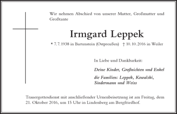 Traueranzeige von Irmgard Leppek von Der Westallgäuer