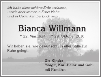 Traueranzeige von Bianca Willmann von Allgäuer Zeitung, Kaufbeuren/Buchloe
