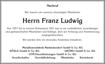 Traueranzeige von Franz Ludwig von Allgäuer Zeitung, Marktoberdorf
