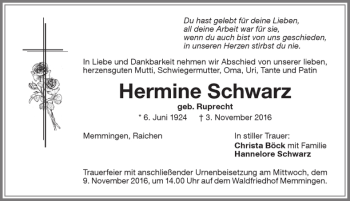 Traueranzeige von Hermine Schwarz von Memminger Zeitung