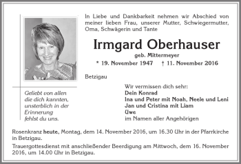 Traueranzeige von Irmgard Oberhauser von Allgäuer Zeitung,Kempten