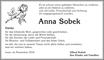 Traueranzeige von Anna Sobek von Allgäuer Zeitung, Kaufbeuren/Buchloe