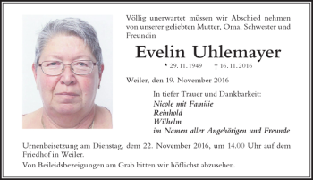 Traueranzeige von Evelin Uhlemayer von Der Westallgäuer