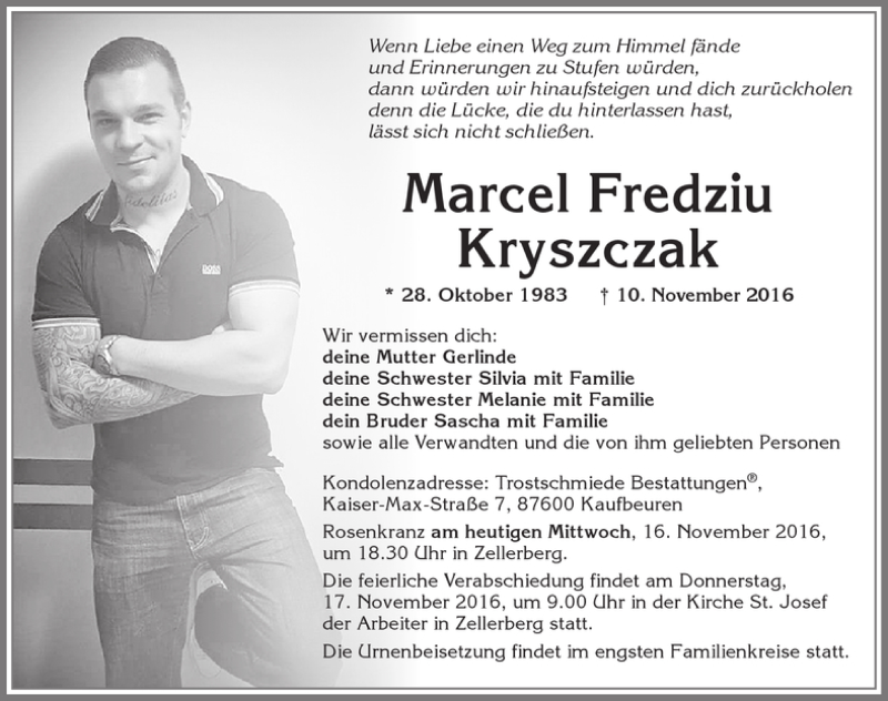  Traueranzeige für Marcel Fredziu Kryszczak vom 16.11.2016 aus Allgäuer Zeitung, Kaufbeuren/Buchloe