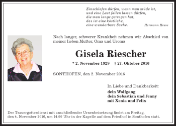 Traueranzeige von Gisela Riescher von Allgäuer Anzeigeblatt