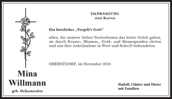 Traueranzeige von Mina Willmann von Allgäuer Anzeigeblatt