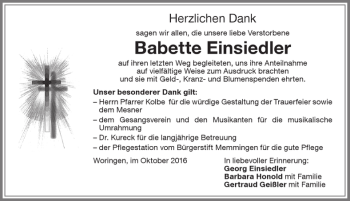 Traueranzeige von Babette Einsiedler von Memminger Zeitung