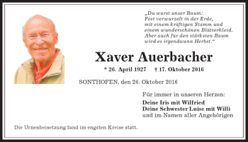 Traueranzeige von Xaver Auerbacher von Allgäuer Anzeigeblatt