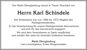 Traueranzeige von Karl Schindele von Allgäuer Zeitung, Marktoberdorf