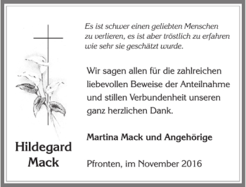 Traueranzeige von Hildegard Mack von Allgäuer Zeitung, Füssen