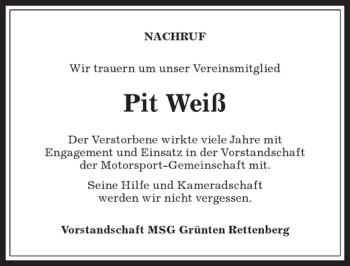 Traueranzeige von Pit Weiß von Allgäuer Anzeigeblatt
