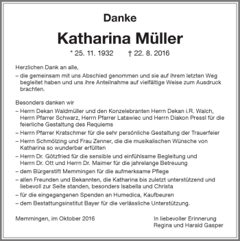 Traueranzeige von Katharina Müller von Memminger Zeitung