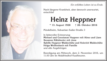 Traueranzeige von Heinz Heppner von Allgäuer Zeitung