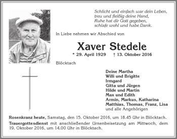 Traueranzeige von Xaver Stedele von Allgäuer Zeitung, Kaufbeuren/Buchloe