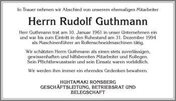 Traueranzeige von Rudolf Guthmann von Allgäuer Zeitung