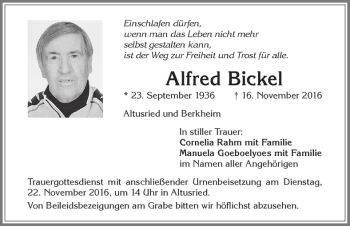Traueranzeige von Alfred Bickel von Allgäuer Zeitung,Kempten
