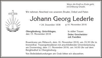 Traueranzeige von Johann Georg Lederle von Allgäuer Zeitung, Marktoberdorf