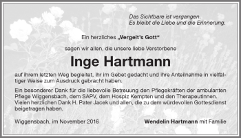 Traueranzeige von Inge Hartmann von Allgäuer Zeitung,Kempten