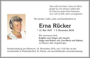 Traueranzeige von Erna Rücker von Allgäuer Zeitung, Marktoberdorf