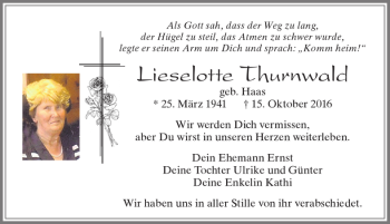 Traueranzeige von Lieselotte Thurnwald von Allgäuer Zeitung, Füssen